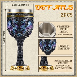 Jinei 2 Pcs Medieval Cups and Goblets Dragon Wine Goblet Chalice Goblet 7 oz Resin Dragon Cup Gothic Wine Glass Romantic Stainless Steel Drinking Cup for Medieval Party Decorations(Antique)