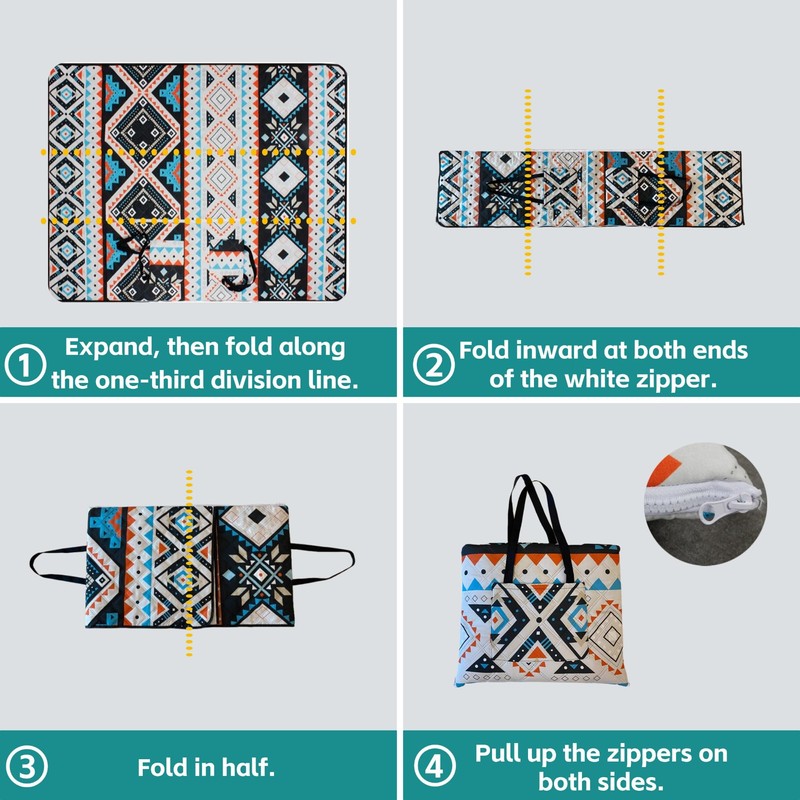 RLXROM Outdoor Packable Picnic Blanket with Zipper Folds into Tote