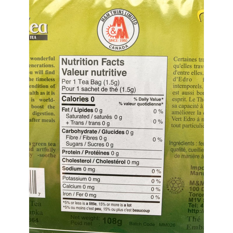 Ceylon Green Tea Bags, 100% Pure, 72 Count, Pack of