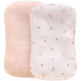 LifeTree Muslin Baby Lounger Cover Neutral, 2 Packs Newborn Slipcover Lounger Cover for Boys Girls Infant, Soft Organic Cotton, Cover Only, Flower and Peach Pink Pattern, 30.7in x 20in
