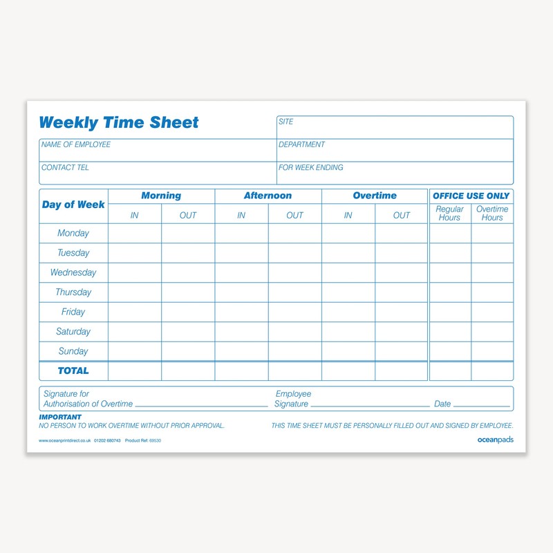 Weekly Employee Timesheet Pad, 1-Part 80gsm Paper (69530)