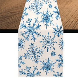 Christmas Snowflake Table Runner, Seasonal Xmas Blue Snow Winter Holiday Kitchen Dining Table Decoration for Home Party Decor 13 x 70 Inch