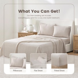 L Linen World Queen Size Linen Sheet Set – 4Pcs Solid Color 100% Natural Flax Bedding Sheets, Soft & Breathable, 16" Deep Pocket, All-Season Comfort (Natural Linen)