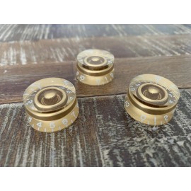 Unbranded Fender Strat Set Of 3 Barely Sloped Gold Acrylic Knobs 0-10