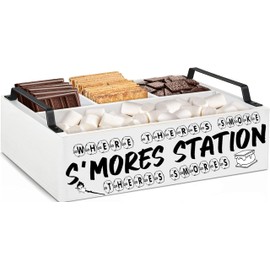 DEALZOOM Smores Station with Handles - Smores Box, Smores Caddy (White), Smores Tray, Smores Kit Organizer - Perfect for Marshmallow Roasting Sticks, Chocolate, Smores Sticks, S’Mores Kit Maker