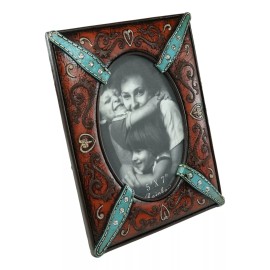Ebros Gift Western Floral Lace Turquoise Belt Faux Tooled Leather Easel Picture Frame 5"X7"