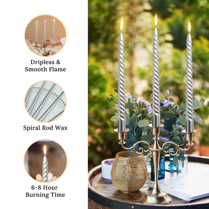 10 Inch Silver Spiral Taper Candles Set for Holiday Decor,