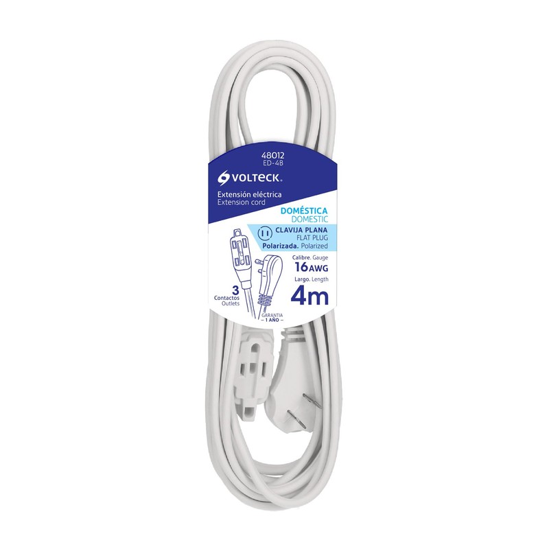 Volteck ED-4B, Extensión eléctrica doméstica, 4 m, blanca
