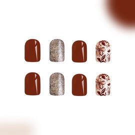 Fall Press on Nails Fall Winter Fake Nails with Designs Brown Glitter Acrylic Full Cover Flower Leaf Pattern False Nails with Glue Fall Acrylic Nails Press on Stick on Nails for Women Manicure Decor
