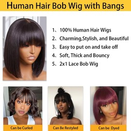 Human Hair Wig with Bangs Bone Straight Brazilian Human Hair with Fringe, Glueless Wigs for Black Women, 2x1 Lace Front Bob Hair Natural Black 12 Inch