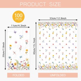 100PCS Spring Wildflower Paper Napkins Disposable Bathroom Hand Towels Green Wild Floral Guest Napkins Decorative Dinner Napkins for Spring Home Holiday Party Supplies