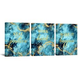LevvArts Inspirational Wall Art Canvas Stay Positive Work Hard Make It Happen Sign Painting Modern Home Office Blue and Gold Decor (Blue)