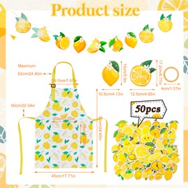 XLSXEXCL Lemonade Stand Supplies, 50 Pcs Lemonade Cups with Lids and Straws and Stickers, Lemon Banner, 2 Kids Aprons with Pockets for Summer Lemon Birthday Baby Shower Party Decor