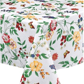 English Berry Garden Heavy 4 Gauge Vinyl Flannel Backed Tablecloth, Strawberry Garden Floral Indoor/Outdoor Wipe Clean Picnic, Kitchen, Dining Room Tablecloth - 60â x 104â Oblong/Rectangle
