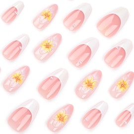 Press On Nails with Nail Glue, Butterfly Flower Bow Star Designed in Glue on Nails, Fake Nails, Short Square Almond Ballet Shape for Stick On Nails on 24PCS, Yellow Flower