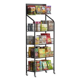Nisorpa 4-Tier Retail Snack Display Rack, Metal Supermarket Candy Display Shelf Cart with Wheels Snack Fruits Organizer Holder Stand for Convenience Stores Home Kitchen 23.6x60.2x10.6 Inches,Black