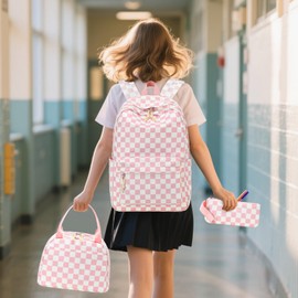 Bluboon Teen Girls School Backpack Kids Bookbag Set with Lunch Box Pencil Case Travel Laptop Backpack Casual Daypacks (Pink white checkered)