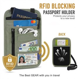 RFID Blocking Neck Wallet With NFC 215 Keyfob, Hidden Travel Passport Holder for Men & Women, Anti Theft Neck Wallet Organizer for Passport, Credit Card, Cash & Phone, Travel Security Bag (greyA)
