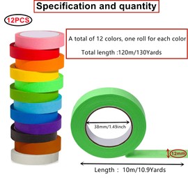 HUAZIZ 12 Rolls of Coloured Tape, Each Roll is 10 Metres Long, VRainbow Tape Set, Masking Tape Set for Crafts, DIY, Colour Coded, 12 mm Wide