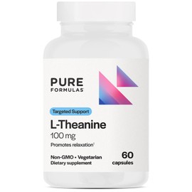 Pure Formulas L Theanine Supplement 100 mg, L-Theanine Supports Stress Levels, Relaxed State, Mood, Sleep, Dairy Free, Soy Free, Non-GMO 60 Vegetarian Capsules