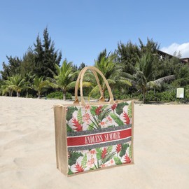 JNF - Bolsa de playa de paja de yute para mujer, bolsa de arpillera con cierre, reutilizable, bolsa de compras con asa, Hojas de bolsa de arpillera, L