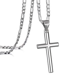 Silver Cross Necklace for Men, Speroto 925 Sterling Silver Mens Cross Pendant and Wheat Chain, Simple Jewelry Gift for Men Women (Figaro Chain, 24 inch)