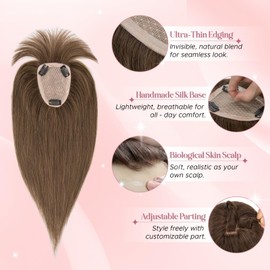 SEGOHAIR Real Human Hair Toppers for Women 3.54"*4.72" Silky Base 150% Density With Bangs Adjustable Parting Clip-In Topper Hairpieces for Women with Thinning Hair 10 Inches Natural Brown