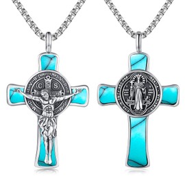 TwoAnts St Benedict Crucifix Necklace 925 Sterling Silver Saint Benedict Cross Necklace Jesus Cross Pendant Necklace Catholic Jewelry Gift for Men Women
