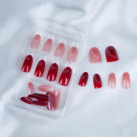 Pufandor Press on Nails Short Oval Nails 2 Colors Fake Nails with Mini Nail File, Jelly Glue, Manicure Stick, Clean Pad 24Pcs Red Pink False Nails varied Sizes Reusable Almond Press on Nails