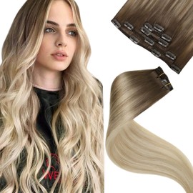 LaaVoo Clip in Hair Extensions Human Hair Brown Ombre Remy Hair Clip in Extensions Light Brown to Ash Blonde Balayage Platinum Blonde Human Hair Extensions Clip in Long Straight 20 Inch 5pcs/80g