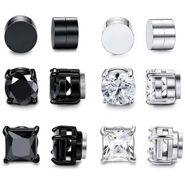 6 Pairs Magnetic Stud Earrings No Piercing Magnetic Earrings Fakes for Men Women Stainless Steel Silver Black Non Piercing Earrings Set Black Silver Tone