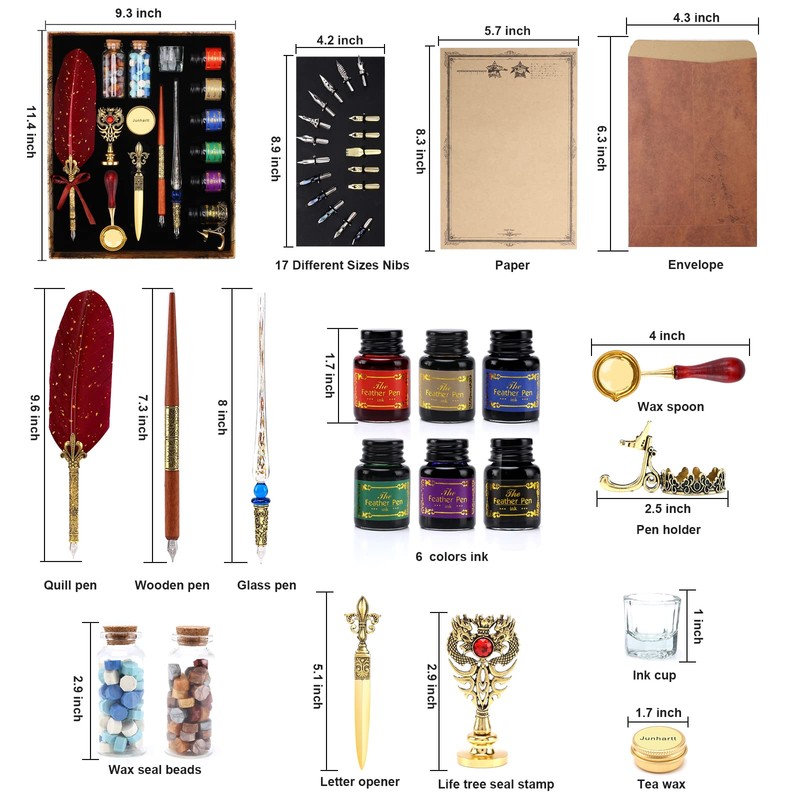 Junhartt Quill Feather Pen and Ink Set, Calligraphy Pen Glass
