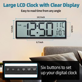 Henescribe 15" Large Digital Wall Clock Battery Operated Black, Clock with Large Display Numbers, Calendar, Auto DST, Clocks for Living Room, Kitchen, Office, Bedroom