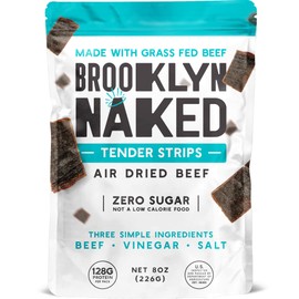 Brooklyn Naked Tender Strips - (8 oz, Pack of 1) – Chewy Air Dried Grass Fed Beef Protein Snacks – Sugar Free Beef Jerky Alternative – Organic Beef Snacks – Whole 30 Approved Foods, AIP, Paleo, Keto Snack, Carnivore Snacks Friendly & Gluten Free