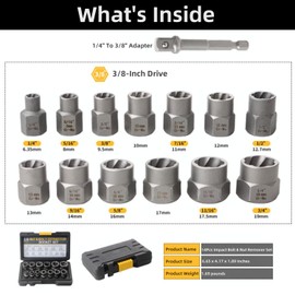 Bolt Extractor Kit,14 Pcs Nut Extractor Socket Set,1/4”-3/8” Drive Drive Rounded Bolt Remover,Bolt Remover Tool Set for Removing Damaged/Dead/Rusted Bolts,Nuts & Screws,with Hex Adapter