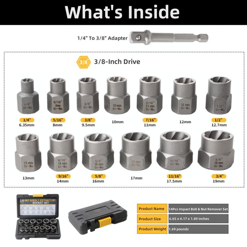 Bolt Extractor Kit,14 Pcs Nut Extractor Socket Set,1/4”-3/8” Drive Drive