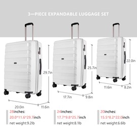 GinzaTravel 3-piece set white color luggage with scratch-resistant PP material, expandable(（all 20 24 28), Super light, thickened, large-capacity double seal suitcase