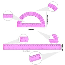 Tdfronien 2 Packs 12 Inch Plastic Ruler and 6 Inch Plastic Protractor Set Clear Math Geometry Set Protractor Classroom Set Angle Detector School Supplies Classroom Ruler Home Office Drawings (Pink)