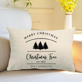 Farmhouse Christmas Throw Pillow Covers Farm Fresh Christmas Trees Rectangular/Waist Cushion Cover Merry Christmas Happy Holiday Home Decorative Pillowcases 12"×20",for Sofa/Bed/Patio (Beige, 12"×20")
