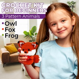 TFE Crochet Kit for Beginners Kids Adults, 3 Pattern Animals-Owl, Fox, Frog, Knitting Kit with Yarns, Hook, Accessories, Easy to Learn Video Tutorials.