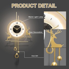 Modern Deer Wall Clock For Living Room, Large Golden Decorative Wall Clock With Light, Creative Silent Clock Battery Operated For Kitchen//Bedroom//Dinning Room/Entryway Metal Wall Decor - Model: 16''Lx28''W