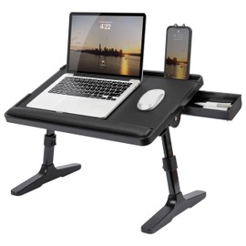LAPGEAR Easy Tilt Leather Laptop Bed Desk with Adjustable Legs, Wrist Rest, Media Slot, and Built-in Storage - Black - Fits up to 17 Inch Laptops - Style No. 78508