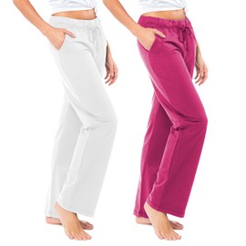 Sexy Basics Women's 2 Pack Ultra Soft French Terry Cotton Drawstring Yoga Lounge Long Pants (2 Pack- White & Pink, Medium)