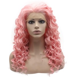 Mxangel Curly Wig Pink Synthetic Lace Front Wig Heat Resistant Fiber Hair Half Hand Tied Cosplay Party Wig