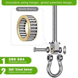SELEWARE Set of 2 Ceiling Hooks, Heavy Duty Swing Hooks, 304 Stainless Steel Wooden Beam, Ceiling Mount with Bearings for Hanging Chairs, Porch, Patio, Playground, Swing Hanger