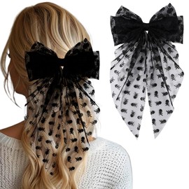 Halloween Hair Bows for Women Girls Black Skeleton Bow Hair Clips Black Lace Ribbon Bowknots with French Barrettes Clips Halloween Skeleton Long Tails Hair Accessories Cute Cosplay Party Decoration