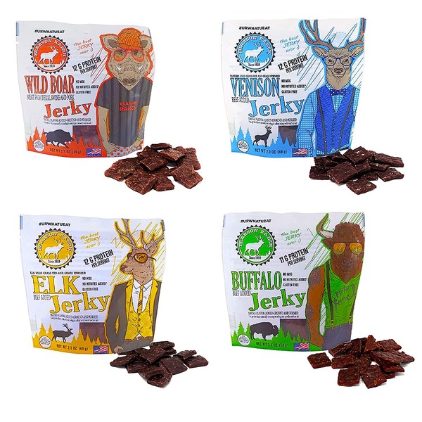 Pearson Ranch Grass Fed Wild Game Variety Pack of 4 - 2.1oz Bags - Venison, Elk, Buffalo, & Wild Boar Sugar-Free Jerky - Gluten-Free, MSG-Free, Paleo and Keto Friendly