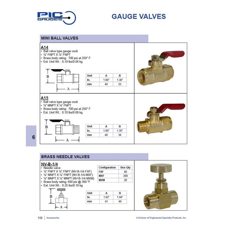 PIC Gauges NV-B-1/4-MXM Brass Needle Valve, 1/4" Male NPT X