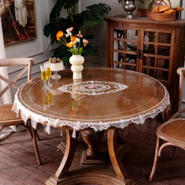 Artbloss Waterproof Clear Table Cover Protector Vinyl Round Table Cloth with Lace Pattern Oil Spill Proof Wipe Clean Plastic Tablecloths for Dining Tables (French Lace, 55 Inches Round)