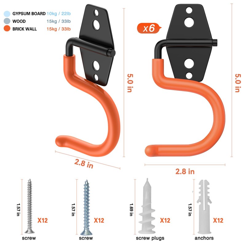HUPBIPY 6 Pack Metal Garage Hooks, Heavy Duty S Hooks